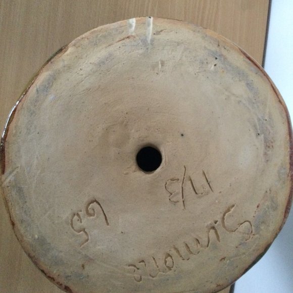 Vintage handmade ceramic bottle vase lamp base 13 3/8" heavy signed Simone 65 - Picture 5 of 7